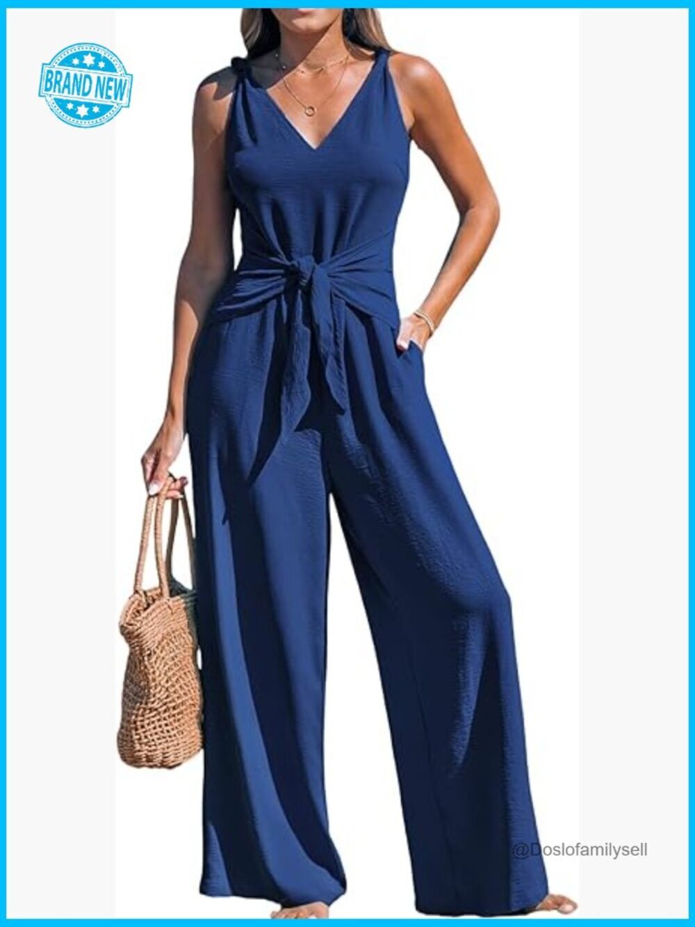Sleeveless Tie Knot Wide Leg Jumpsuit V Neck Romper with Pockets